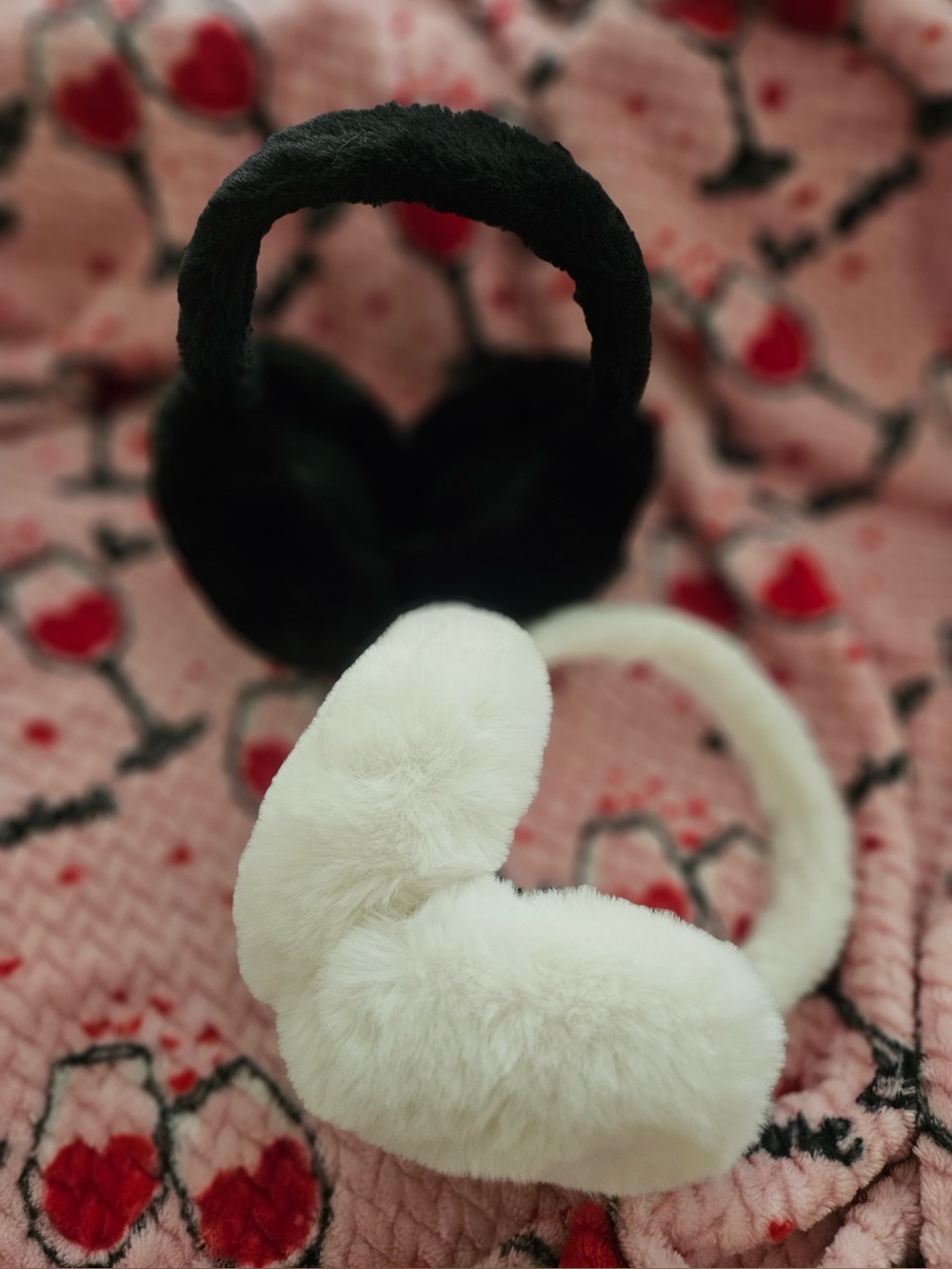 Plush Cat Ear Muffs - Black & White Faux Fur 2 pieces